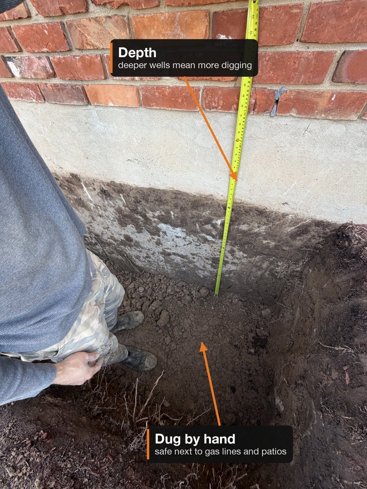How deep do you dig for an egress window? A tape measures the depth of a hand-dug hole beside a basement wall.
