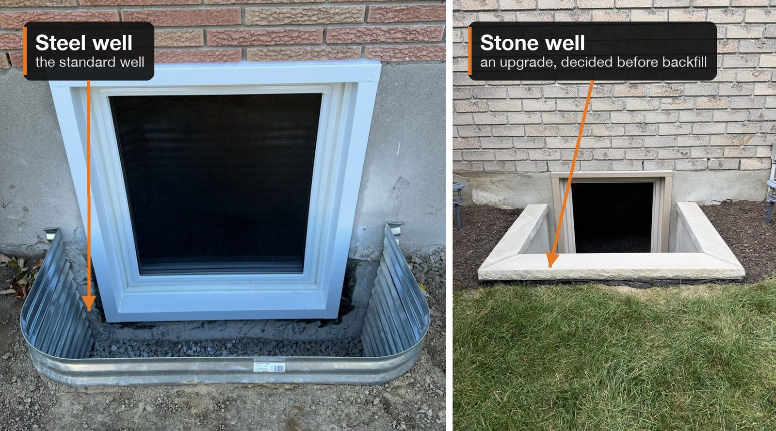 A galvanized steel window well and a stone window well, on two different homes.