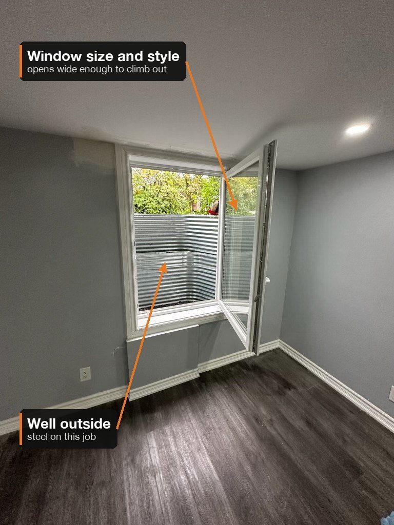 A finished basement bedroom with an in-swing window open into the room and a steel well outside.
